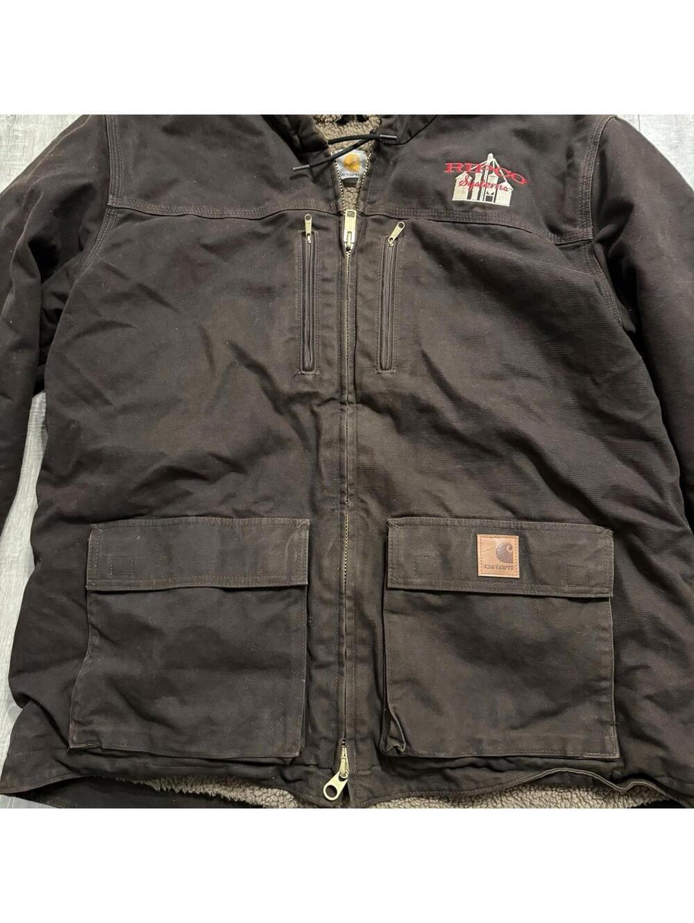 Carhart Coat C95 Dk Brown Duck Sherpa Lined Hooded Sandstone RIPCO Jacket Men XL - Picture 8 of 12